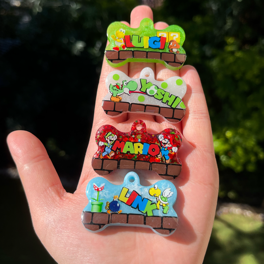 Hand-made resin tags - Mario/ Luigi/ Yoshi theme