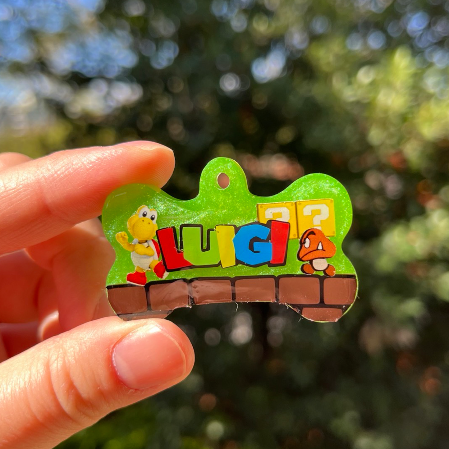 Hand-made resin tags - Mario/ Luigi/ Yoshi theme